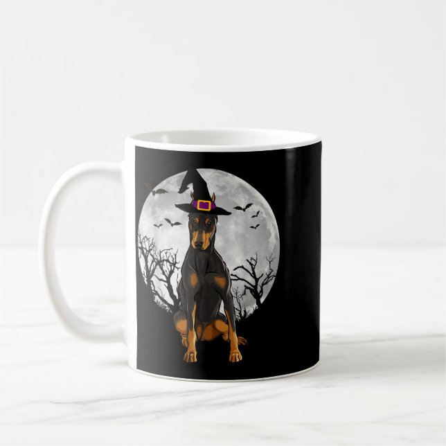Skrämmande Dobermann Hund Hekshatt Halloween Kaffemugg (Vänster)