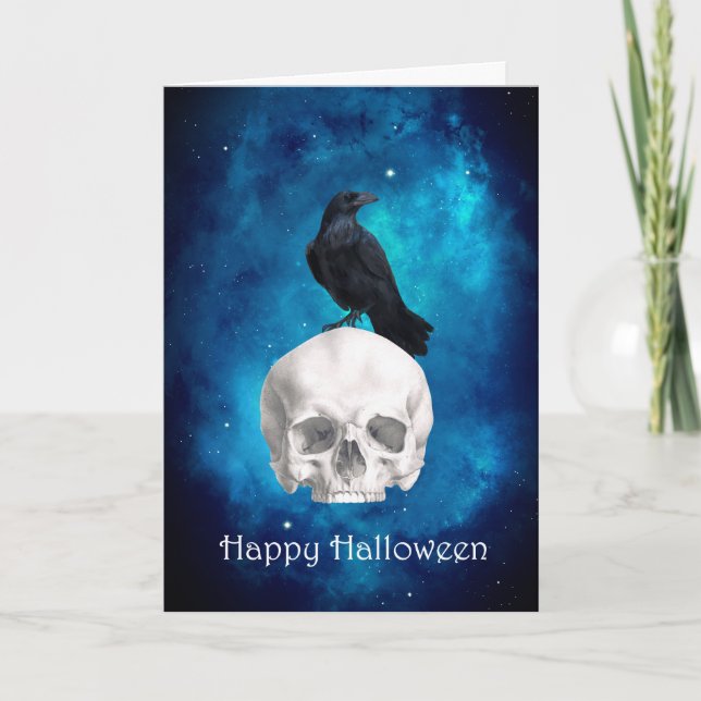 Skrämmande dödskalle Korp God Halloween Kort (Framsida)