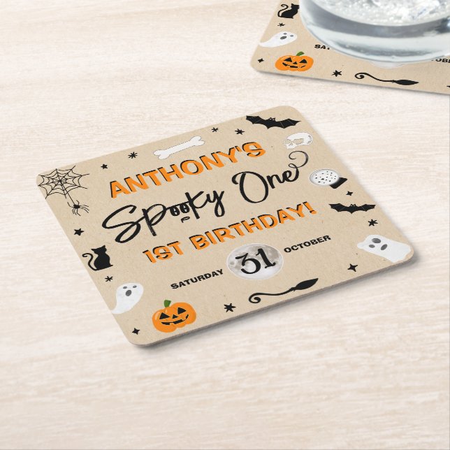 Skrämmande en! Halloween 1-års födelsedagsfest Underlägg Papper Kvadrat (Vinklad)
