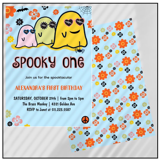 Skrämmande en spöke groovy Halloween 1-årsfest Inbjudningar (Halloween-1st-birthday-Invitation-Spooky one-Ghost-Groovy-blue-1)
