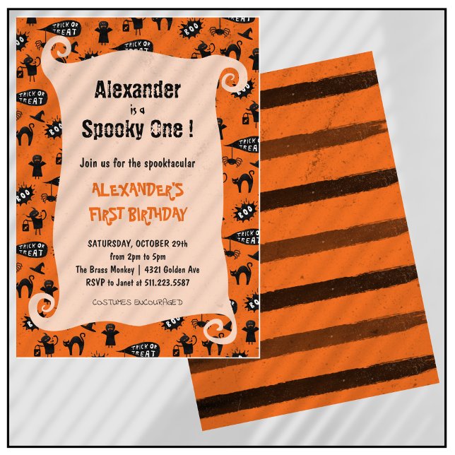 Skrämmande en Spooktacular Halloween 1-års födelse Inbjudningar (Halloween-1st-birthday-Invitation-Spooky-one-Spooktacular-orange-1)