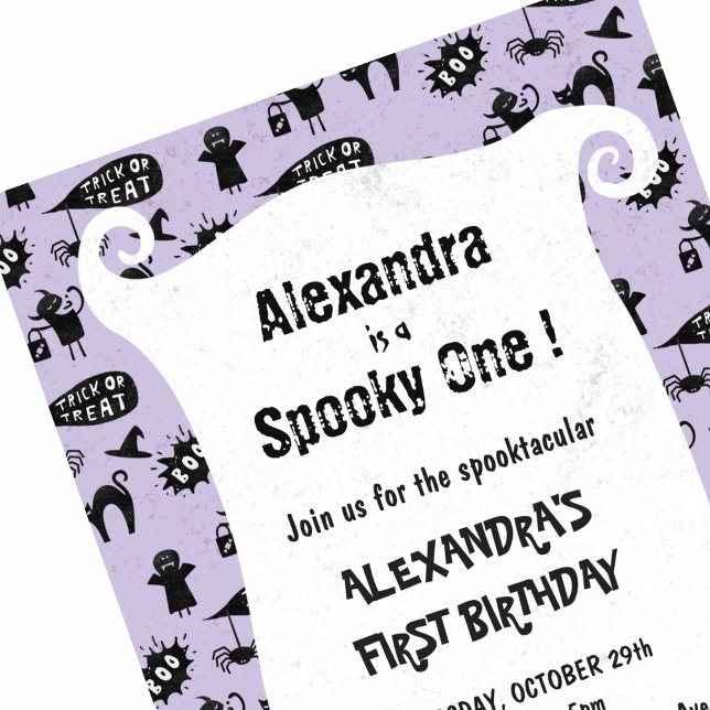 Skrämmande en Spooktacular Halloween 1-års födelse Inbjudningar (Halloween-1st-birthday-Invitation-Spooky-one-Spooktacular-girl-purple-1)