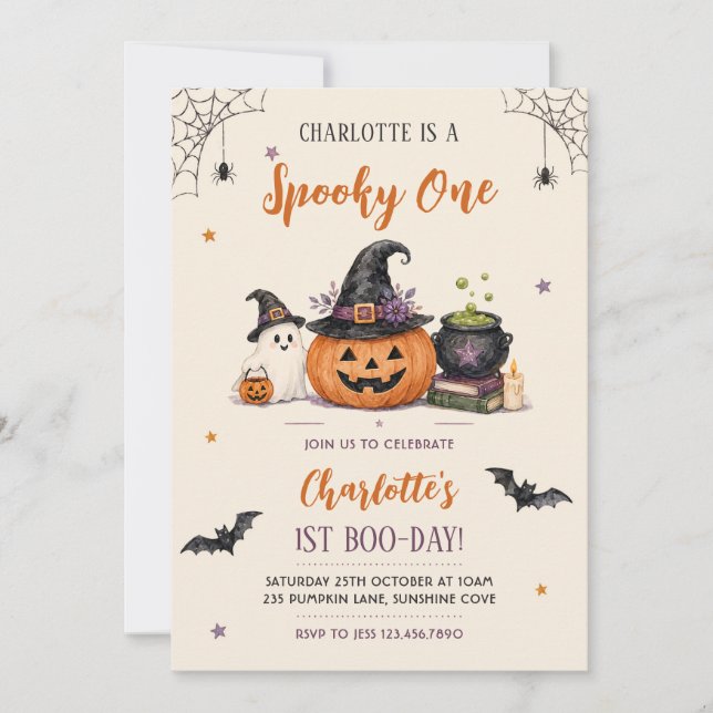 Skrämmande ett Halloween 1-års födelsedagsflicka S Inbjudningar (Framsida)