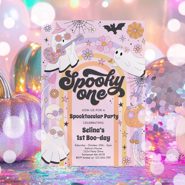 Skrämmande ett Halloween Groovy Ghost 1-årsdag Inbjudningar (Skapare uppladdad)