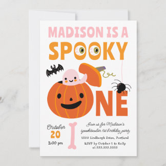 Skrämmande ett Halloween rosa spöke 1-års födelsed Inbjudningar