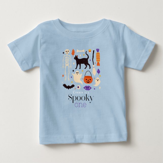 Skrämmande ett Halloween-tema Blå 1-års födelsedag T Shirt (Framsida)