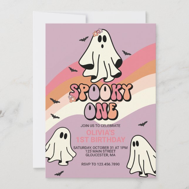 Skrämmande ett retro Halloween-spöke 1-årsdag Inbjudningar (Framsida)