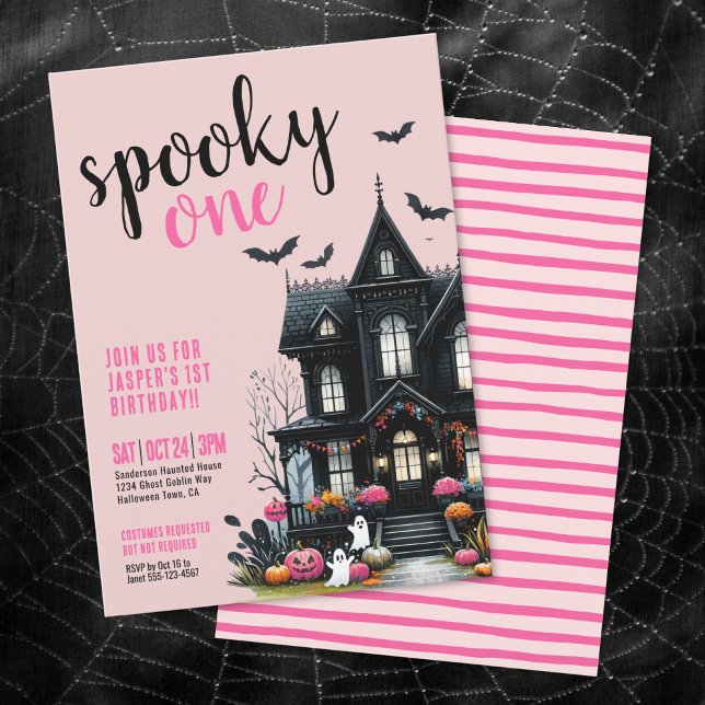 Skrämmande Ett Rosa Halloween 1-års födelsedag Inbjudningar (Spooky One Pink Halloween 1st Birthday Invitation)