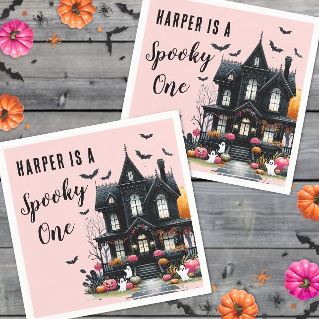 Skrämmande Ett Rosa Halloween 1-års Födelsedagsfes Pappersservett (Spooky One Pink Halloween 1st Birthday Party Napkins)