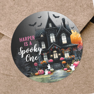 Skrämmande Ett Rosa Halloween 1-års Födelsedagsfes Runt Klistermärke