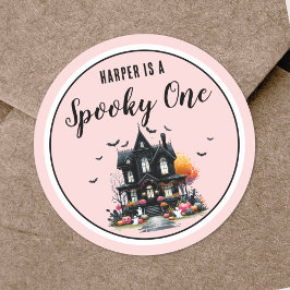 Skrämmande ett rosa Halloween 1-års födelsedagsfes Runt Klistermärke