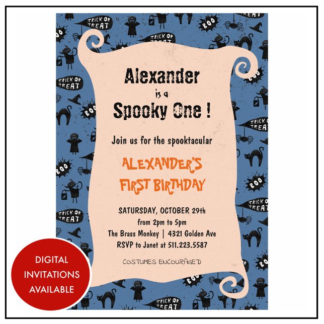 Skrämmande ett Skrämmande Halloween 1-års födelsed Inbjudningar (Halloween-1st-birthday-Invitation-Spooky-one-Spooktacular-boy-blue-1)
