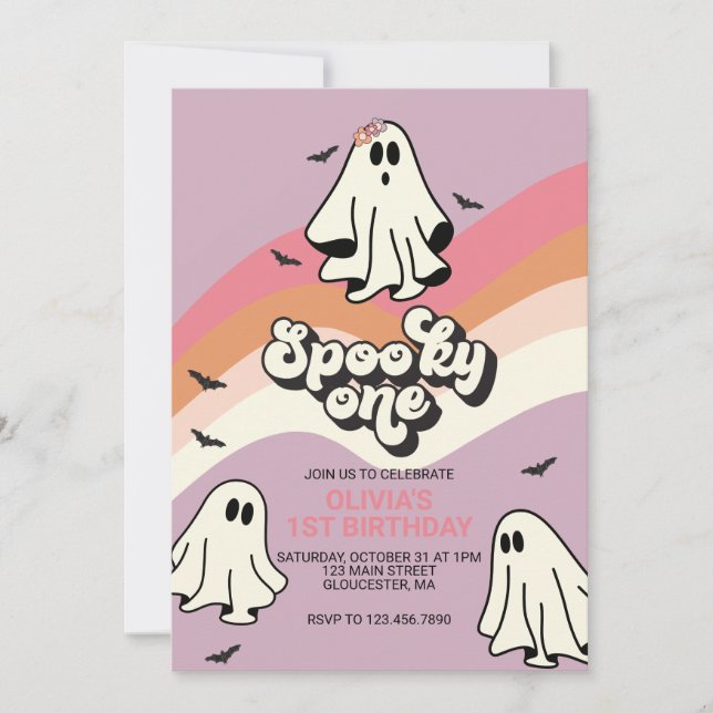 Skrämmande etta Retro Halloween-spöke 1-årsdag Inbjudningar (Framsida)