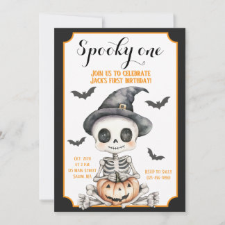 Skrämmande etta | Söt skelett Halloween 1-års föde Inbjudningar