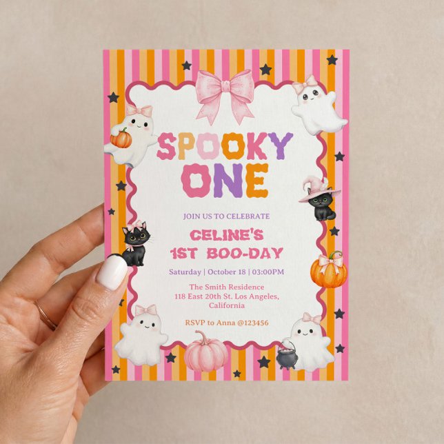 Skrämmande ettårs födelsedagsinbjudan rosa Hallowe Inbjudningar (Spooky One pink Halloween invitation for a cute and not-so-scary first birthday party.)