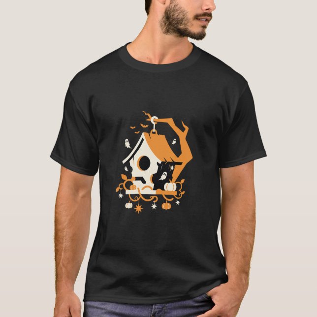 Skrämmande Fågelhus Spöke Halloween T Shirt (Framsida)