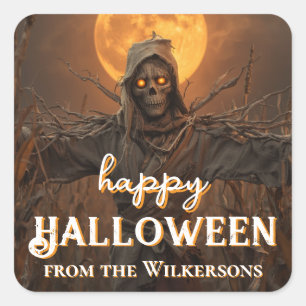 Skrämmande Fågelskrämma Anpassat Namn Halloweenfes Fyrkantigt Klistermärke