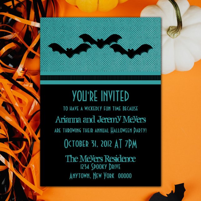 Skrämmande fladdermöss Halloween-fest inbjudan, tu Inbjudningar (Creepy Bats Halloween Party Invite - Teal)