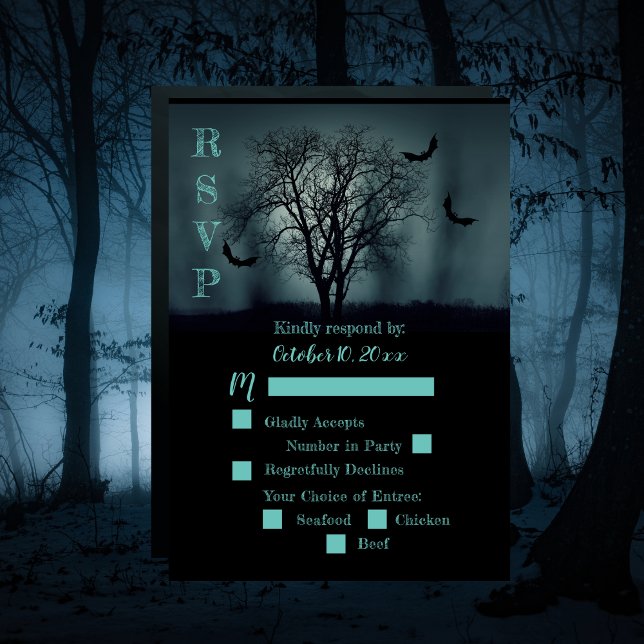 Skrämmande fladdermöss på träd Halloween-hustru sv OSA Kort (Eerie Tree Bats Halloween Wedding RSVP)