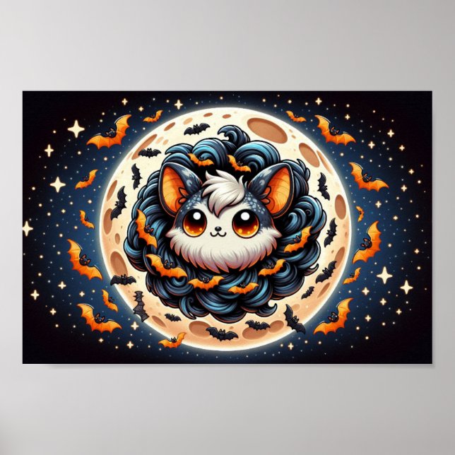 Skrämmande fladdermus-måne: Söt Halloween-konst Poster (Framsidan)