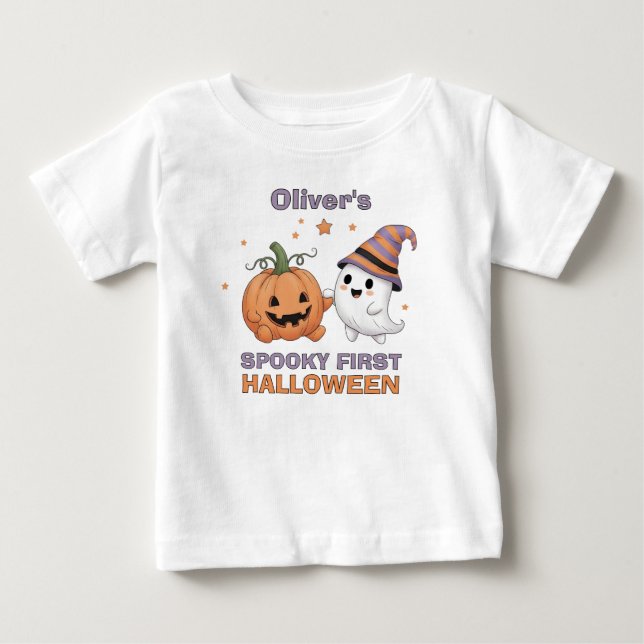 "Skrämmande första Halloween" Söt spöke & pumpa T Shirt (Framsida)