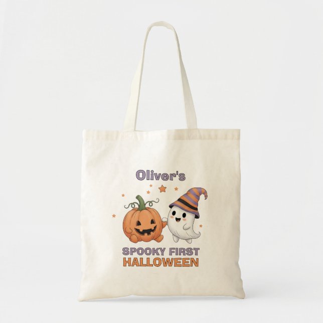 "Skrämmande första Halloween" Söt spöke & pumpa Tygkasse (Framsidan)
