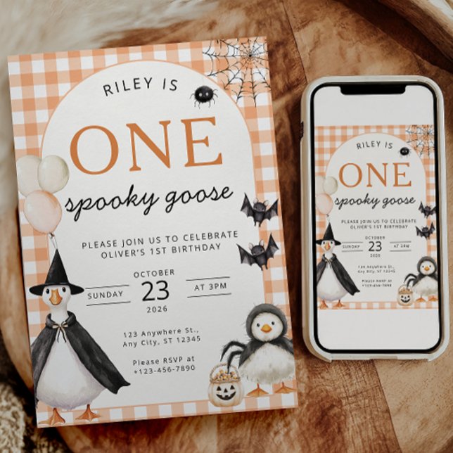 Skrämmande gås Halloween 1-års födelsedag Inbjudningar (Spooky Goose 1st Birthday Invitation | One Spooky Goose Halloween First Birthday Party Invite | Cute)
