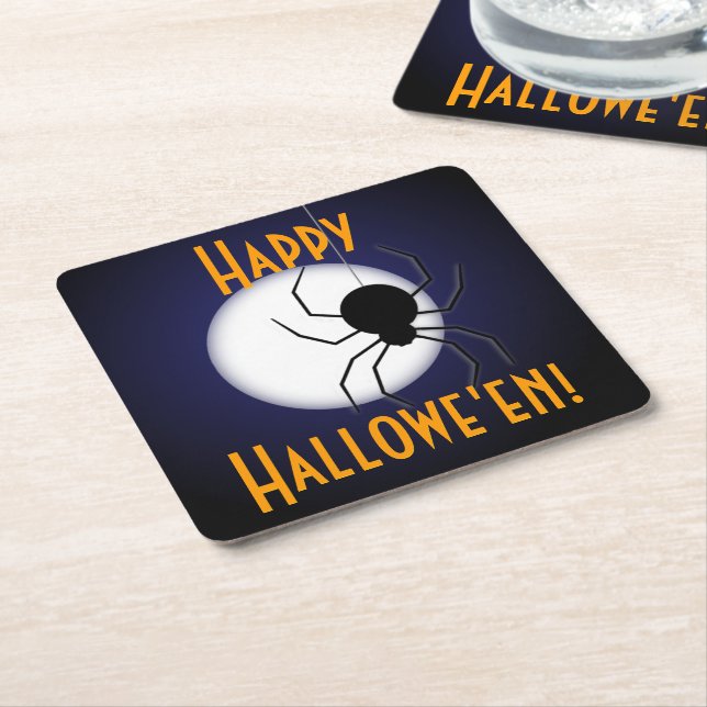 Skrämmande Glad Halloween Måne och Spindel Underlägg Papper Kvadrat (Vinklad)