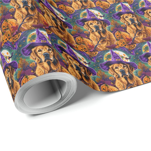 Skrämmande Golden Retriever Halloween-häxa Pumpa Presentpapper (Rulle Hörn)