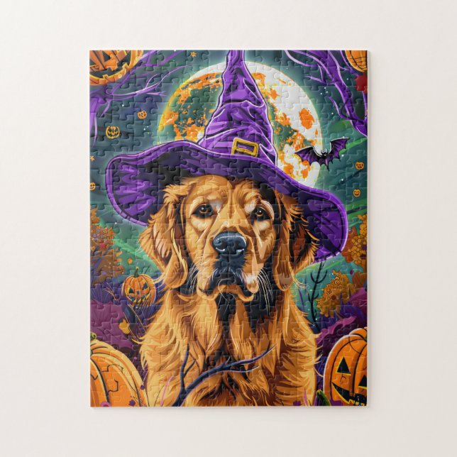 Skrämmande Golden Retriever Halloween Häxa Pumpa Pussel (Vertikal)
