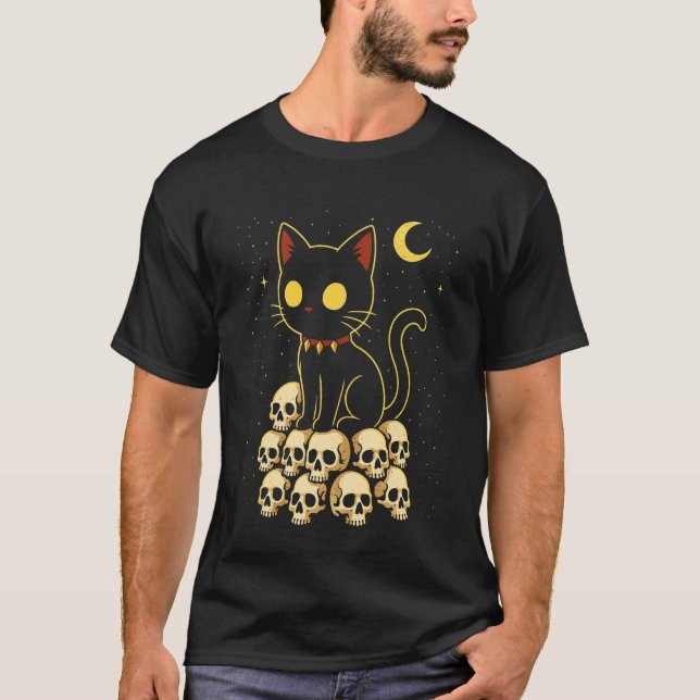 Skrämmande Goth-katt Söt Kisse på Döskallar Hallow T Shirt (Framsida)