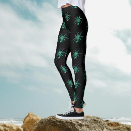 Skrämmande Goth Svart Gröna Spindlar Halloween Mön Leggings