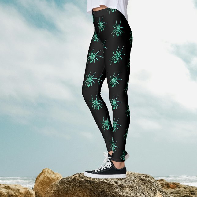 Skrämmande Goth Svart Gröna Spindlar Halloween Mön Leggings (Skapare uppladdad)