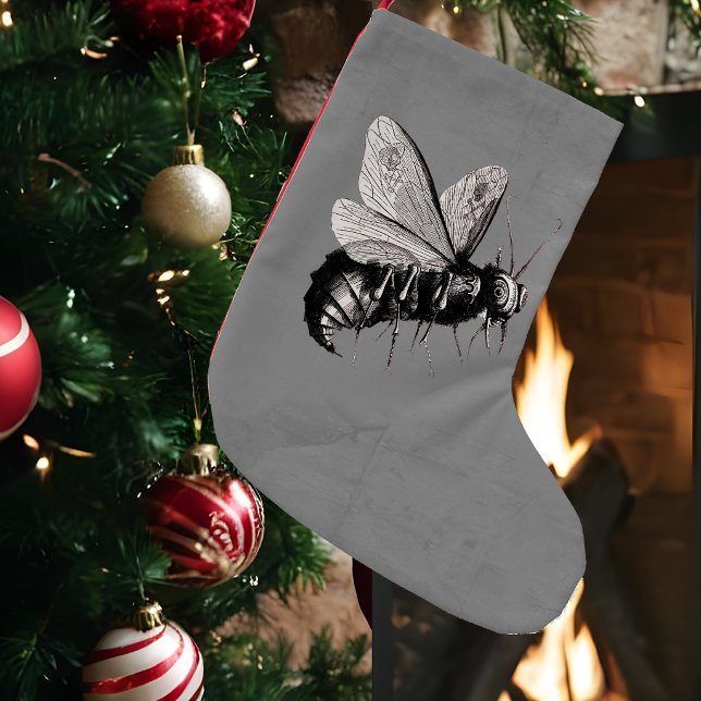Skrämmande gotiska bin Skalle Vingar Insekt Liten Julstrumpa (Scary big bee in black white with skull crossbones on wings on dark grey Christmas stocking.)
