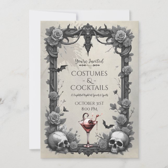 Skrämmande gotiska dödskalle rosor kostym cocktail inbjudningar (Framsida)