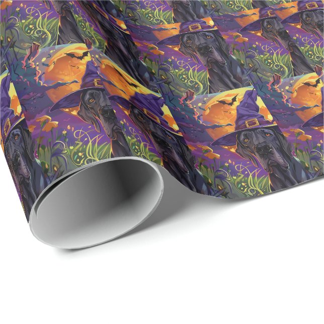 Skrämmande Grand Danois Hund Halloween Häxa Pumpa Presentpapper (Rullad Hörn)