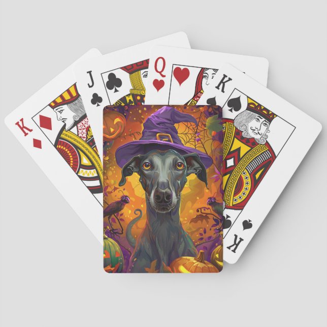 Skrämmande Greyhound Hund Halloween Häxa Och Pumpa Casinokort (Baksidan)