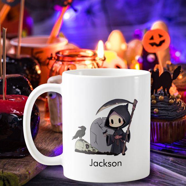 Skrämmande Grim Reaper Kyrkogård Kråka Gotisk Hall Kaffemugg (Skapare uppladdad)