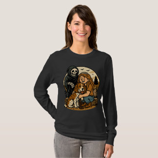 Skrämmande Grim Reaper med flicka och hundskelett T Shirt