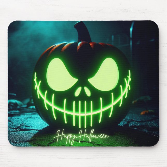 Skrämmande grön glödande Halloween-pumpa Musmatta (Framsidan)