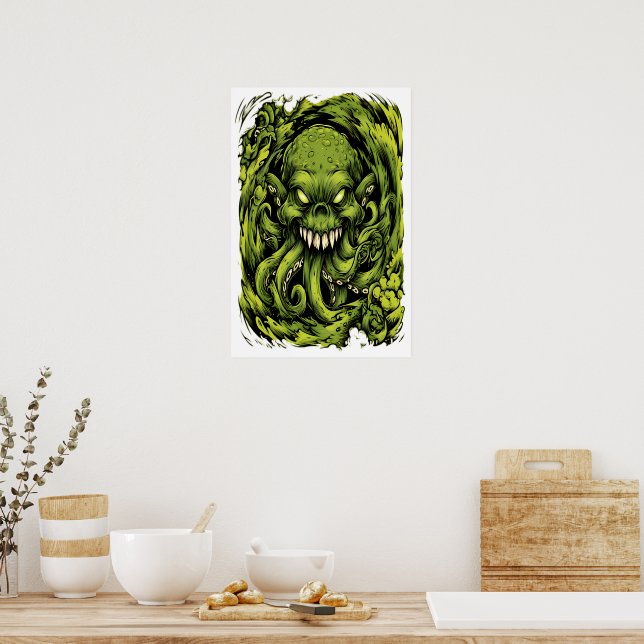 Skrämmande grön tentakel monster skräckaffisch poster (Kök)