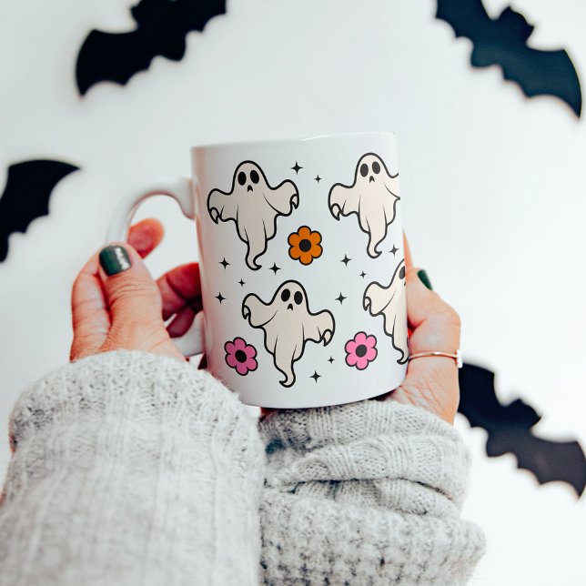 Skrämmande Groovy Spöken & Blommor Halloween Kaffemugg (Skapare uppladdad)