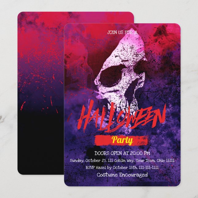 Skrämmande Grunge Dödskalle Halloweenfest Inbjudningar (Fram/baksida)