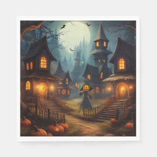 Skrämmande Halloween-by med Fågelskrämma Pappersservett