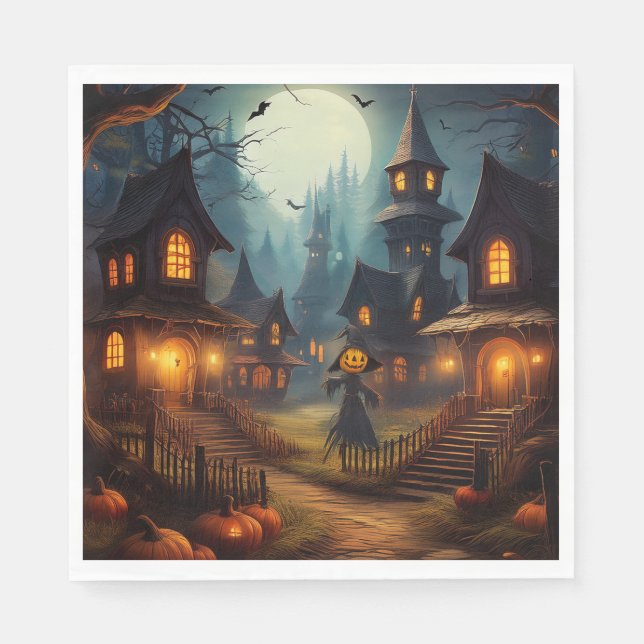 Skrämmande Halloween-by med Fågelskrämma Pappersservett (Framsidan)