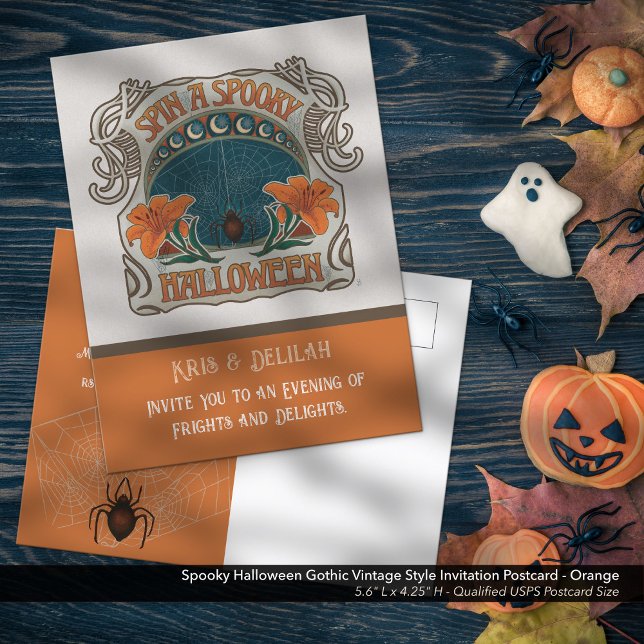 Skrämmande Halloween-fest inbjudan vykort (Spooky Halloween Gothic Vintage Style Invitation Postcard - Shown in Orange, Front)