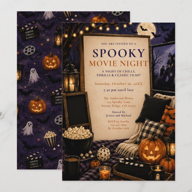 Skrämmande Halloween-filmkväll Inbjudningar (Fram/baksida)