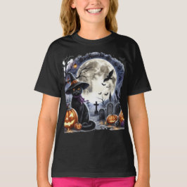 Skrämmande Halloween fullmåne och svart katt  T Shirt