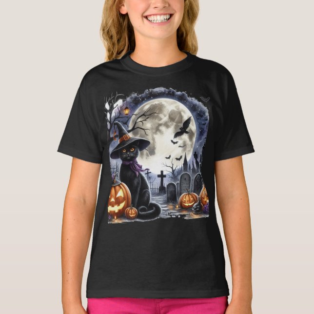 Skrämmande Halloween fullmåne och svart katt  T Shirt (Framsida)