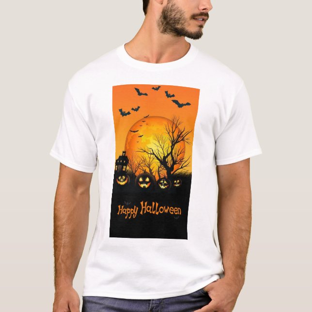 Skrämmande Halloween fullmåne pumpor & fladdermöss T Shirt (Framsida)